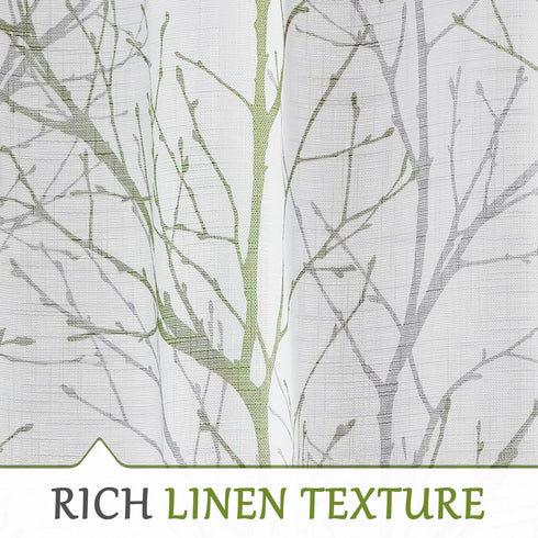 FMFUNCTEX Linen Semi Sheer Curtains for Bedroom, Sage Green White Curtains 54 Inches Long for Living Room, Grey Tree Branch Print Curtain Light Fi...