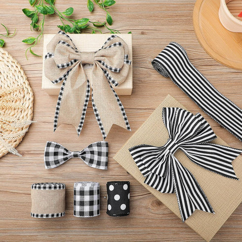 4 Rolls 24 Yards Christmas Farmhouse Buffalo Plaid Ribbons Wired Edge 2.5 Inch Farmhouse Burlap Ribbon Black White Stripe Wrapping Ribbon Polka Do...
