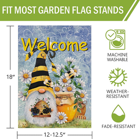 Welcome Spring Honey Bumble Bee Gnome Garden Flag, Summer Yard Outdoor Home Decorative Burlap Lawn Outside Decoration, Daisy Flowers Small Decor D...