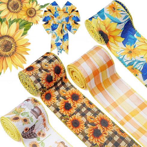 4 Rolls 20 Yards Sunflower Ribbon Wired 2.5 Summer Ribbon Yellow Flower Burlap Ribbon Sunflower Ribbons Trim for Wrapping, Party Decoration, Hair ...