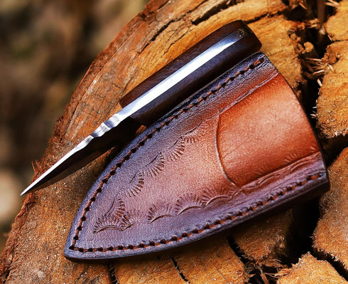 Ancilla Handmade Damascus Hunting Knife - EDC Camping Knife - Fixed Blade Mini Pocket knife - Full Tang Bushcraft and Skinning Knife with Leather ...