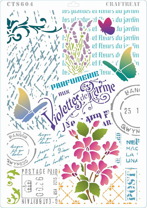 CrafTreat Stencils for Painting on Wood, Canvas and Fabric - Ledger Poppy, Flower Collage, Bird Song & Bits and Pieces - 4 Pcs - Size: A4 (8.3 x 1...