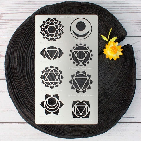 Aleks Melnyk No.415 Metal Stencil, Chakras, Mandala, Yoga, Symbols for Meditation, Om, Sacred Geometry, Template for Wood Burning, Pyrography Engr...