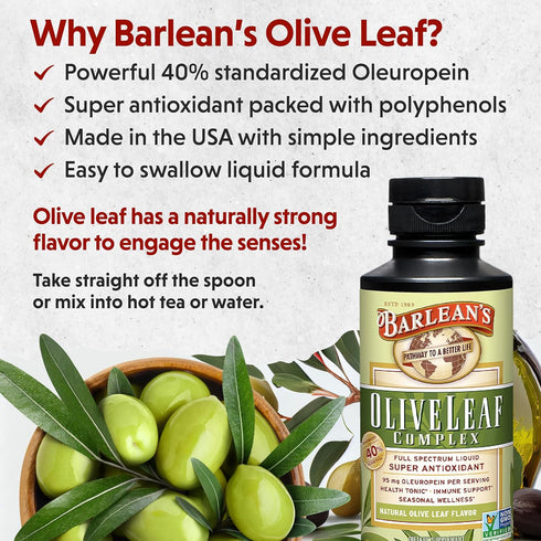 Barlean's Olive Leaf Complex Liquid Immune Support Supplement with 95mg Oleuropein Antioxidants for Seasonal Wellness, Heart Health, & Immune Syst...