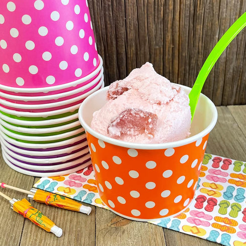 12 Ounce Disposable Paper Treat Cups Ice Cream Bowls -Plastic Spoons - Paper Straws - Ice Cream Sundae Kit for 24 - Blue, Pink, Orange, Yellow, Gr...