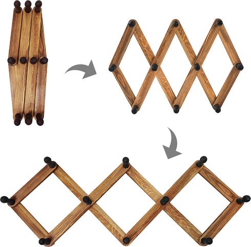 MyGift 10 Hook Burnt Wood Wall Mounted Expandable Accordion Peg Coat Rack Hanger for Entryway, Mudroom or Garage...