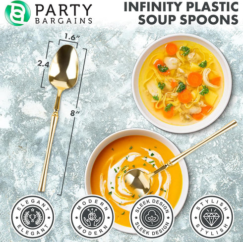 Party Bargains Disposable Plastic Gold Soup Spoons, Infinity Modern Design Utensils, 40 Pack...