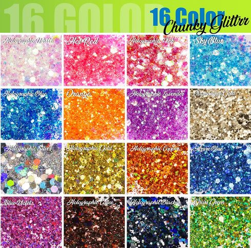 LEOBRO Glitter, Fine Glitter and Chunky Glitter, 32 Jars Craft Glitter Powder Holographic Glitter Resin Glitter for Crafts, Halloween Christmas Bo...
