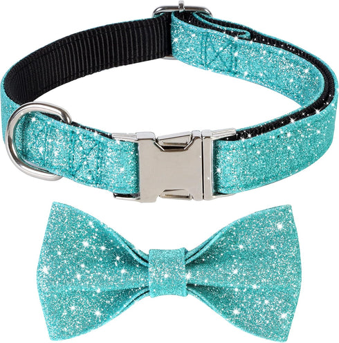 Bling Dog Bow Tie Collar for Puppy Small Medium Dogs, Cute Teal Boy Dog Collar with Bow for Daily Walking or Christmas Holiday (Neck fit 11-16’’)...