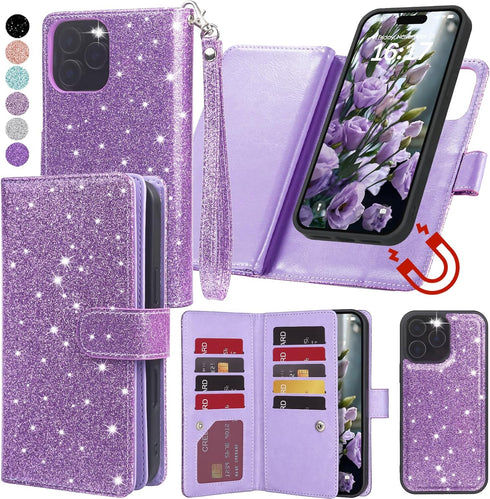 Varikke for iPhone 13 Pro Wallet Case Detachable with Card Holder for Women, Fashion Glitter Leather Strap Strong Magnetic Flip Wallet Removable P...