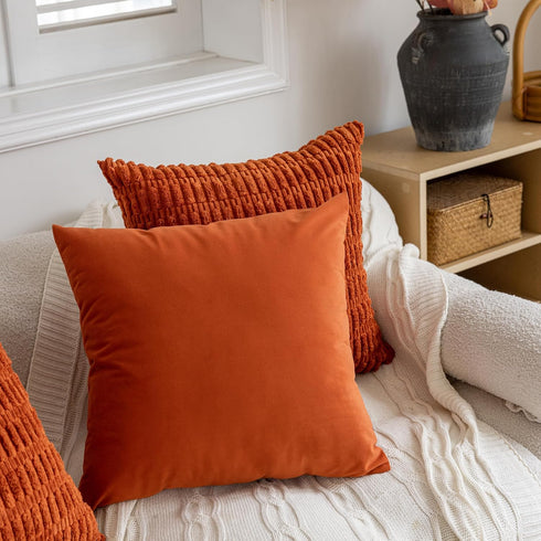 FEVERQIYI 20x20 Velvet Pillow Covers Set of 2 Burnt Orange Decorative Square Throw Pillowcase Soft Solid Cushion Covers for Bedroom Living Room Ou...