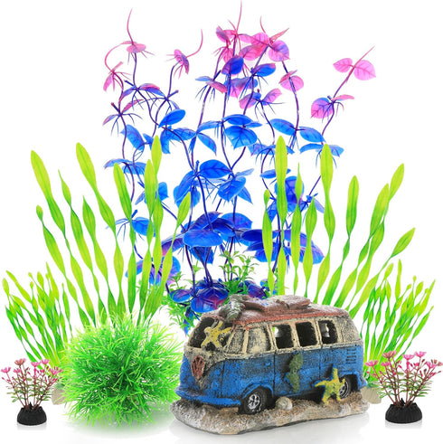 ALEGI Fish Tank Decorations Plants with Resin Cave Rock View, Aquarium Decor Accessories Plastic Plants, Fish Cave and Hideout Ornaments (Purple S...
