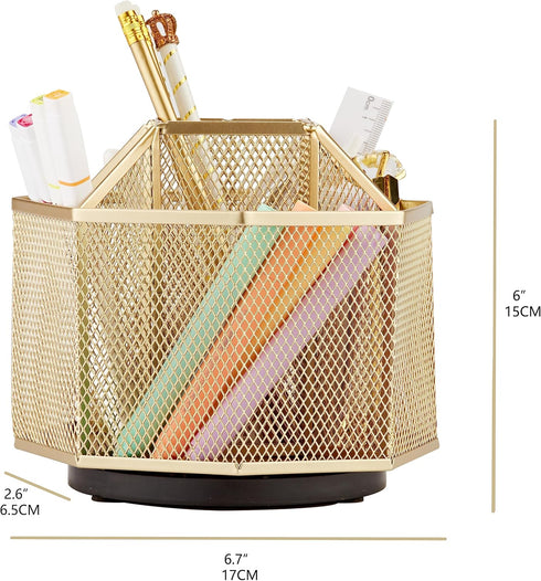 Annova Mesh Desk Organizer Rotate with 5 Compartments Spinning Tidy Candy/Pen Holder Office, Art Supply, Storage, Classroom, Home (Gold)...