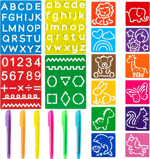 22Pcs Alphabet Tracing Stencil Set for Kids Drawing Stencils with Color Highlighter Letters Numbers and Cute Animal Pattern Paint Boards Learn Art...