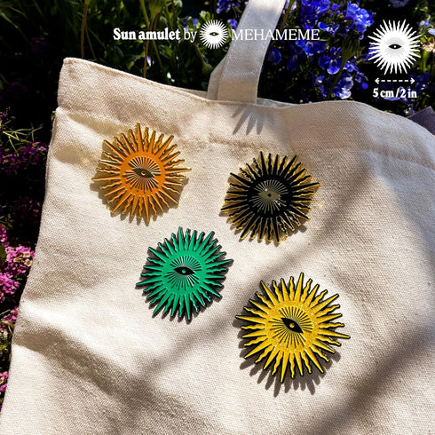 Enamel Lapel Pin Set - 4 Large Pins: Stylish and Fun Gift, Cool Pins for Family and Best Friends. Sun Amulet Spiritual Brooches....