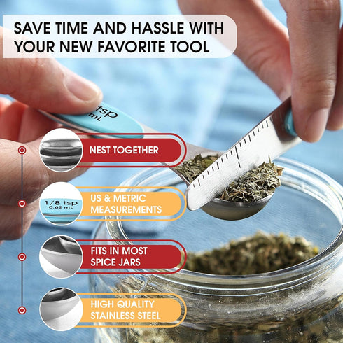 Spring Chef Stainless Steel Magnetic Measuring Spoons Set of 8 with Leveler, Nesting Metal Teaspoon & Tablespoon Measuring Spoons, Fits in Spice J...
