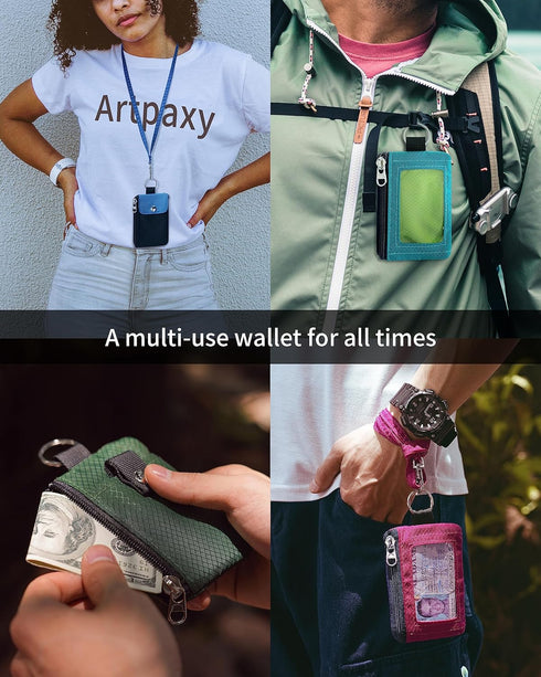 Minimalist Wallet For Mens Womens, Keychain RFID Blocking Zipper Small Wallet with ID Window 2 Lanyards,Water Resistant Travel Cash Card Coin Case...