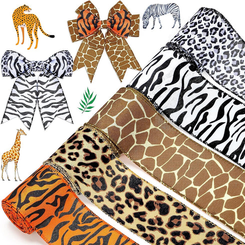 5 Rolls Jungle Animal Wired Ribbons 2.5 Inch Party Decorations Safari Animal Burlap Wrapping Ribbon for Crafts Leopard Zebra Cheetah Leaves Printe...