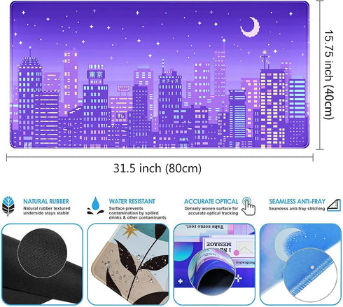 Purple Anime Desk Mat Japanese Tokyo City Mousepad Retro Neon Pixel XXL Deskmat Gaming Anime Cool Kawaii Large Mouse Pad Keyboard Mouse Mat Desk P...