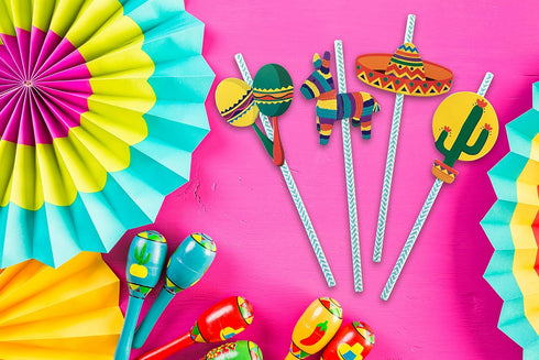 Fiesta Party Straws | Mexican Decorations | Final Fiesta Bachelorette Party Supplies | Set of 32, PRE-ASSEMBLED Paper Straws...