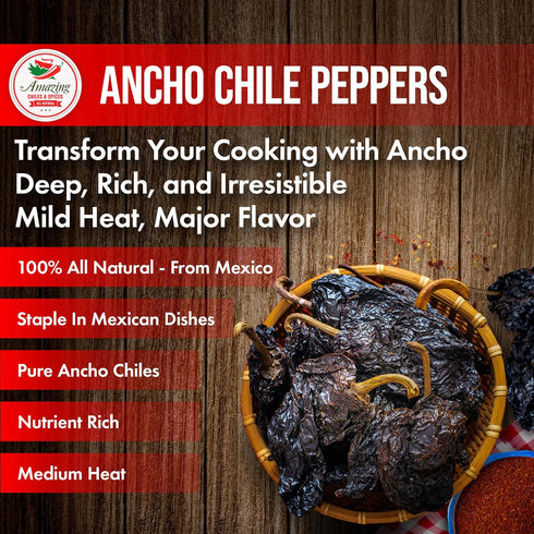 Dried Ancho Chiles Peppers 4 oz – Natural & Premium for Authentic Mexican Mole, Sauces, Stews, Salsas, and More! Sweet & Smoky Flavor with Mild to...
