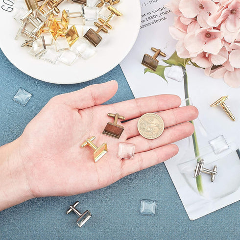 PH PandaHall 24 pcs 3 Colors Brass Cufflink Cuff Button Pads 16mm Square Tray Bezel Cufflink Blanks with Clear Cabochons for Shirt Cloth Accessori...