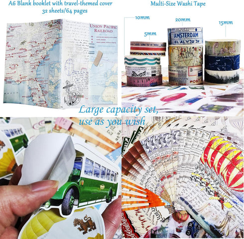 ABARWER 300 PCS Travel Vintage Scrapbooking Supplies Kit, Bullet Junk Journal Kit with Washi Tape Aesthetic Scrapbook Paper,Scrapbook Embellishmen...