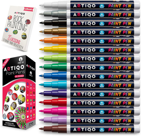 Fine Tip Paint pens for Rock Painting - Wood, Glass, Metal and Ceramic Works on Almost All Surfaces Set of 15 Vibrant oil based fine point paint m...