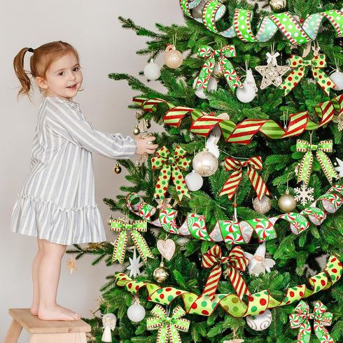 Riceshoot 4 Roll 40 Yards Christmas Green Red Ribbon Wired 1.97 Inch Christmas Glitter Stripe Ribbon Wide Green Red Wired Edge Xmas Polka Dot Ribb...