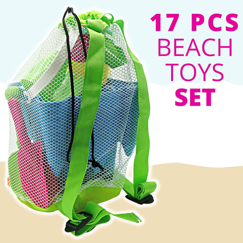 4E's Novelty Beach Toys for Kids with Bag (17 Pcs Set) Castle Beach Bucket with Shovels & Molds - Beach Toys for Kids 3-10, Sand Toys for Toddlers...