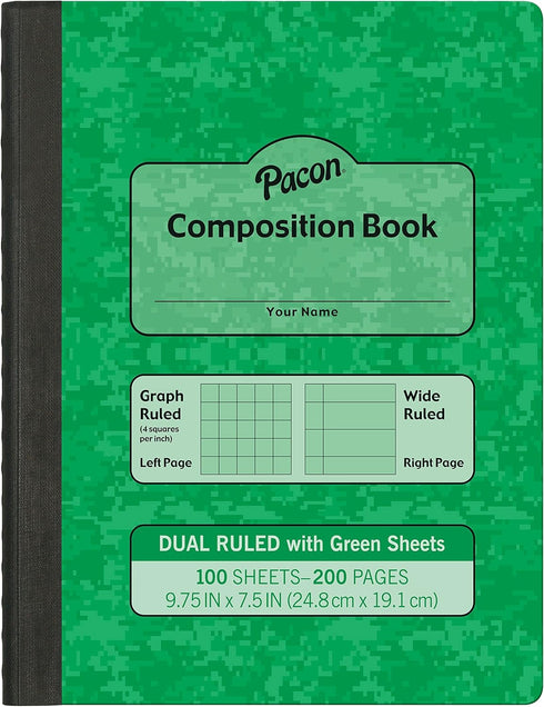 Pacon Dual Ruled Composition Book, Green, 1/4" Grid & 3/8" Wide Ruled 9-3 ?4" x 7-1?2", 100 Sheets...