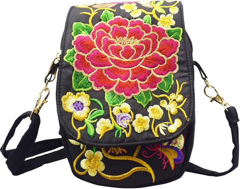 Women's Small Cute Boho Canvas Crossbody Camera Bag Cell Phone Purse with Floral Embroidery...