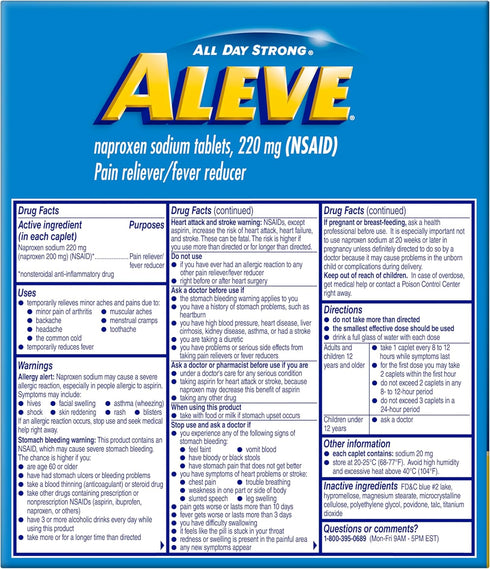Aleve Pain Reliever & Fever Reducer Naproxen Sodium Caplets, Body Pain Relief, Arthritis Pain Relief, Pain Medicine for Adults and Children Ages 1...