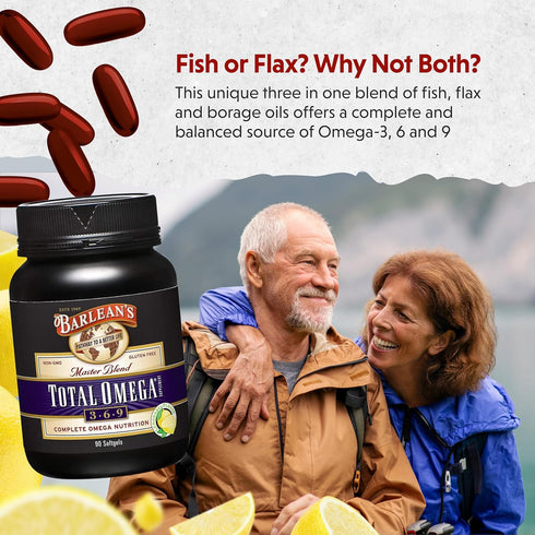 Barlean's Total Omega 3 6 9 Fish Oil Supplement Softgels Blended with Borage and Flaxseed Oil, 1,000 mg Omegas ALA, EPA, DHA and GLA for Joint Sup...
