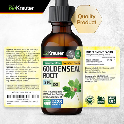 Goldenseal Root Supplement Drops - Organic Goldenseal Tincture - Vegan, Alcohol & Sugar Free Liquid Extract - 2 Fl.Oz....