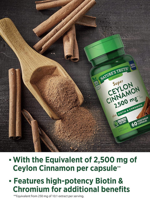 Ceylon Cinnamon Capsules | 2500mg | 60 Count | Vegetarian, Non-GMO & Gluten Free Supplement | Plus Chromium and Biotin | by Nature's Truth...