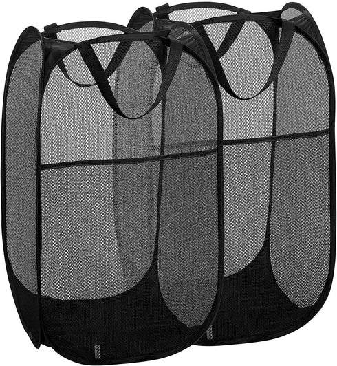 2 Packs Mesh Pop up Laundry Hamper (Black) with Portable Handles, Collapsible for Storage, Foldable Pop-Up Laundry Bags for Kids Room, College Dor...