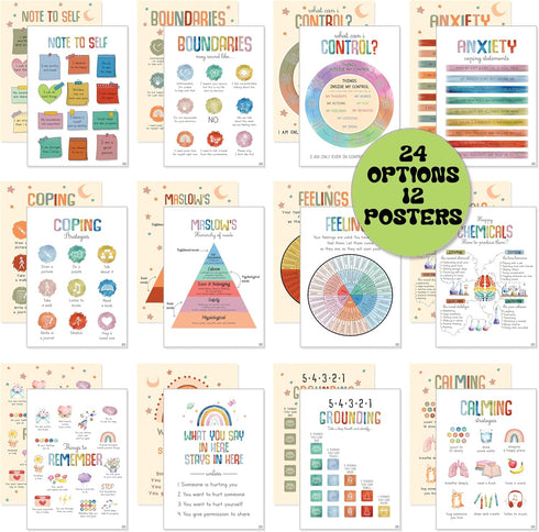 24 Option Colorful Mental Health Posters, 12 Pieces Anxiety Therapy Motivational Poster Counseling Office Must Haves, School Counselor Supplies fo...