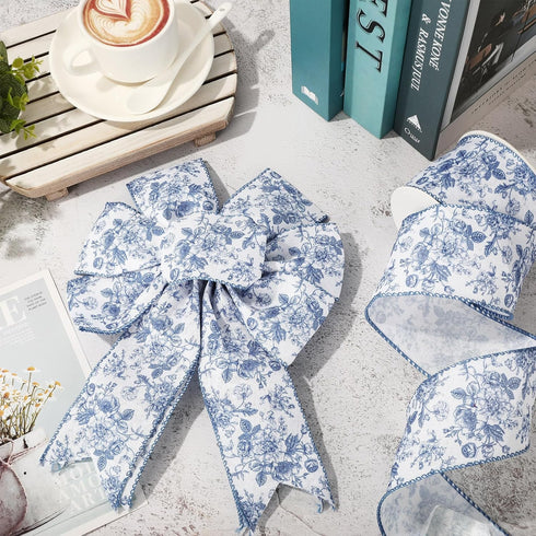 AnyDesign Floral Wired Edge Ribbon Blue Flower Craft Ribbon Chinoiserie Decorative Fabric Ribbon for DIY Crafts Wreath Bow Making, 12 Yards...