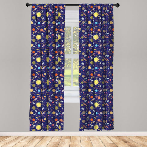 Lunarable Space Curtains, Astronomy Themed Composition with Hand Drawn Planets Sun Rockets Stars and Astronauts, Window Treatments 2 Panel Set for...