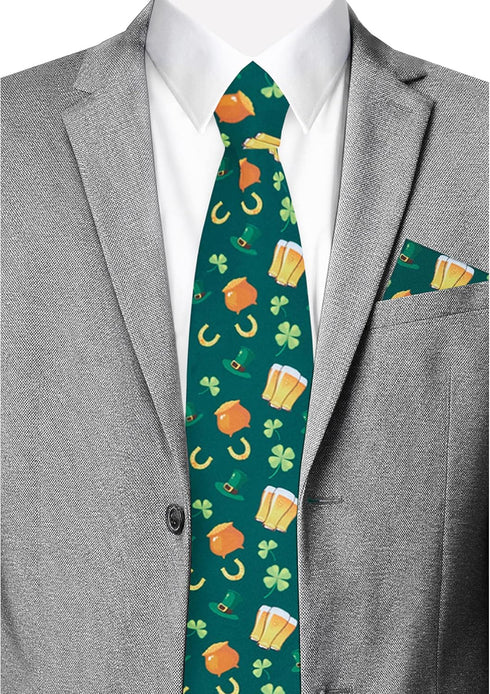 Jacob Alexander Men's Happy Saint Patrick's Day Lucky Drink Clover Hat Gold Pot Horseshoe Pre-Tied Zipper Neck Tie Green...