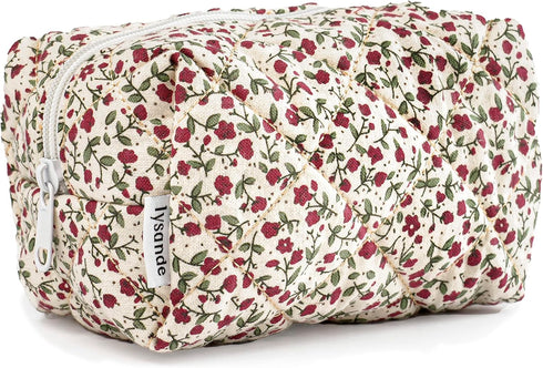 Floral Puffy Quilted Makeup Bag, Toiletry Tote, Cosmetics Pouch, Quilted Tote Floral, Floral Cosmetic Bag (Flowers Red)...