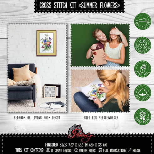 Povitrulya Summer Flowers - Embroidery Set - DIY Counted Cross Stitch Kit with Paper Pattern, 14 Count Aida Canvas and Pre-Sorted Floss...