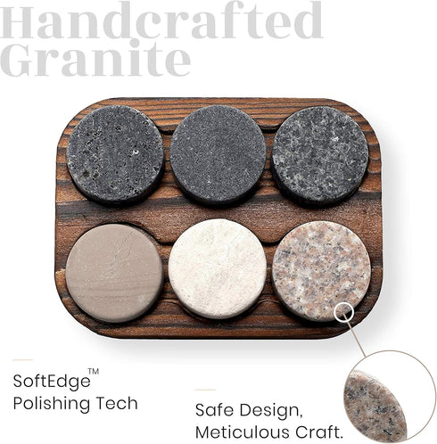 Whiskey Chilling Stones - Set of 6 Handcrafted Premium Granite Round Sipping Rocks - Hardwood Presentation & Storage Tray by R.O.C.K.S....