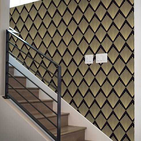 Black Geometric Wallpaper Peel and Stick Modern Contact Paper for cabinet Boho Black and Gold Wallpaper for bedroom Self Adhesive Removable Wallpa...