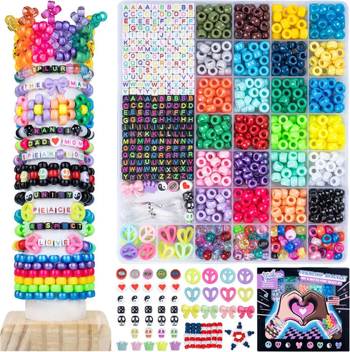 Deinduser Kandi Bracelet Kit, Rainbow Kandi Beads and 320pcs Colorful Letter Beads, 28 Colors Plastic Craft Beads Bulk for Bracelets Jewelry Makin...