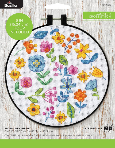 Bucilla Counted Cross-Stitch Kit, Floral Menagerie, Includes 14 ct Aida Cloth, 6" Plastic Hoop, Embroidery Floss, Needle and Instructions, 49468E...