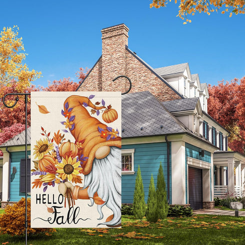 Hello Fall Gnome Garden Flag 12x18 Double Sided Burlap, Pumpkin Sunflower Garden Yard Flags for Thanksgiving Rustic Seasonal Outside Outdoor House...