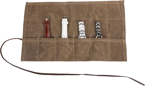 HERSENT Waxed Canvas Watch Roll Handmade Waterproof Multi-Purpose Travel Case Watch Roll-up Organizer Holds 6 Wristwatches Best Gift for Him Her B...