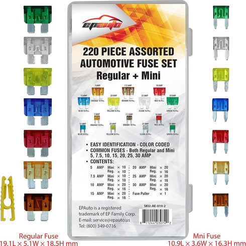 EPAuto 220 Pieces - Assorted Car Truck Mini & Standard Blade Fuse Set (5/7.5/10 / 15/20 / 25/30 AMP)...